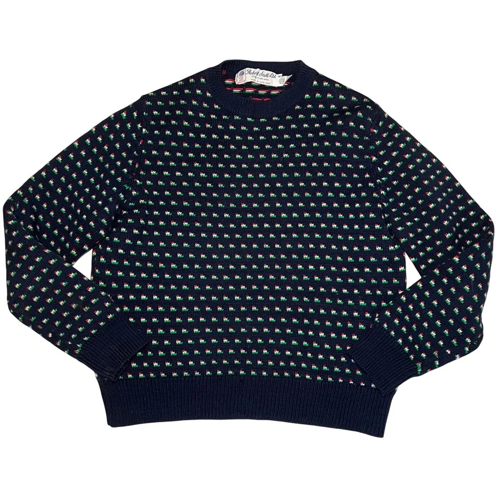 VTG 80s Robert Scott Ltd 100% Wool Knit‎ Sweater Navy Floral Cottage Womens XS